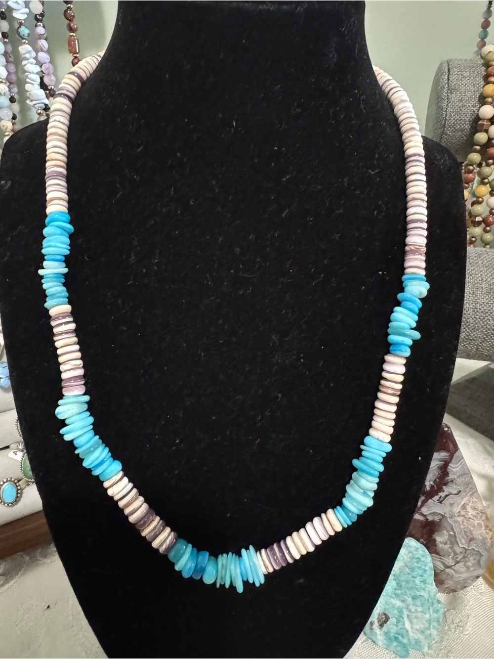20” Purple Wampum Shell and Blue Mother of Pearl Beaded Women’s Necklace